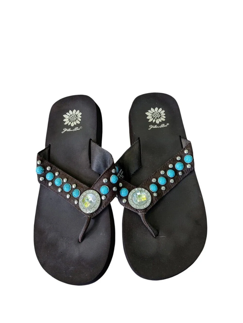 Yellow Box Leather Cowhide Sandal with Turquoise and Iridescent Embellishments